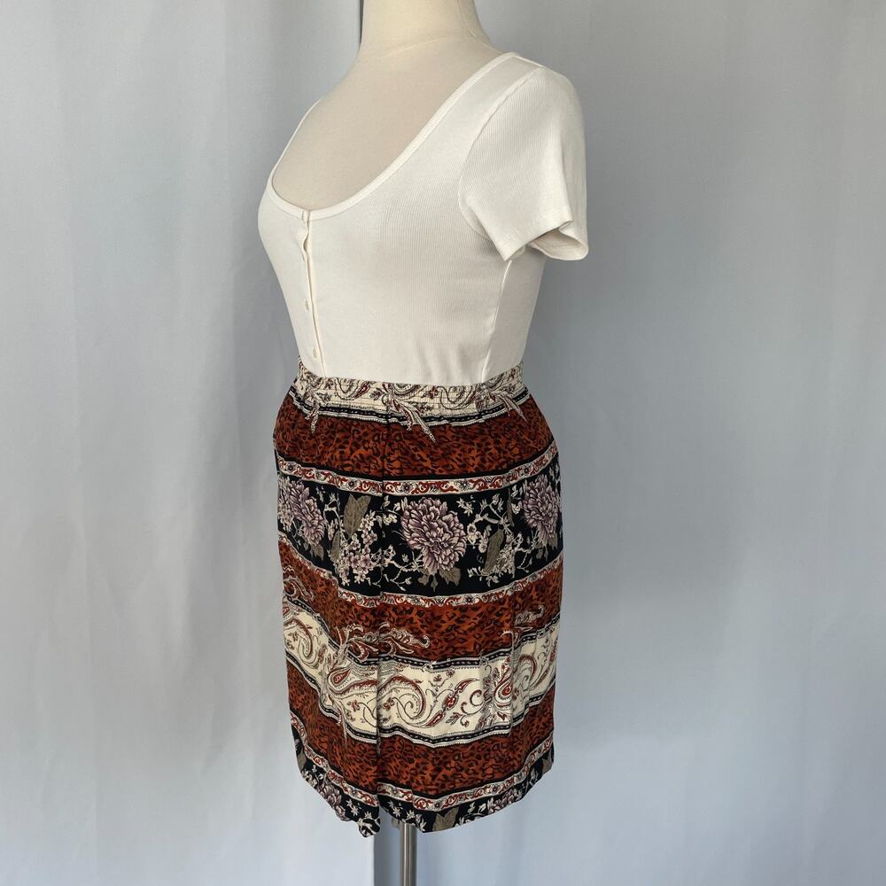 Vintage Mini Skirt Size 14 Black Brown Mix Print Cheetah Floral Boho Pull On 90s - Picture 7 of 16